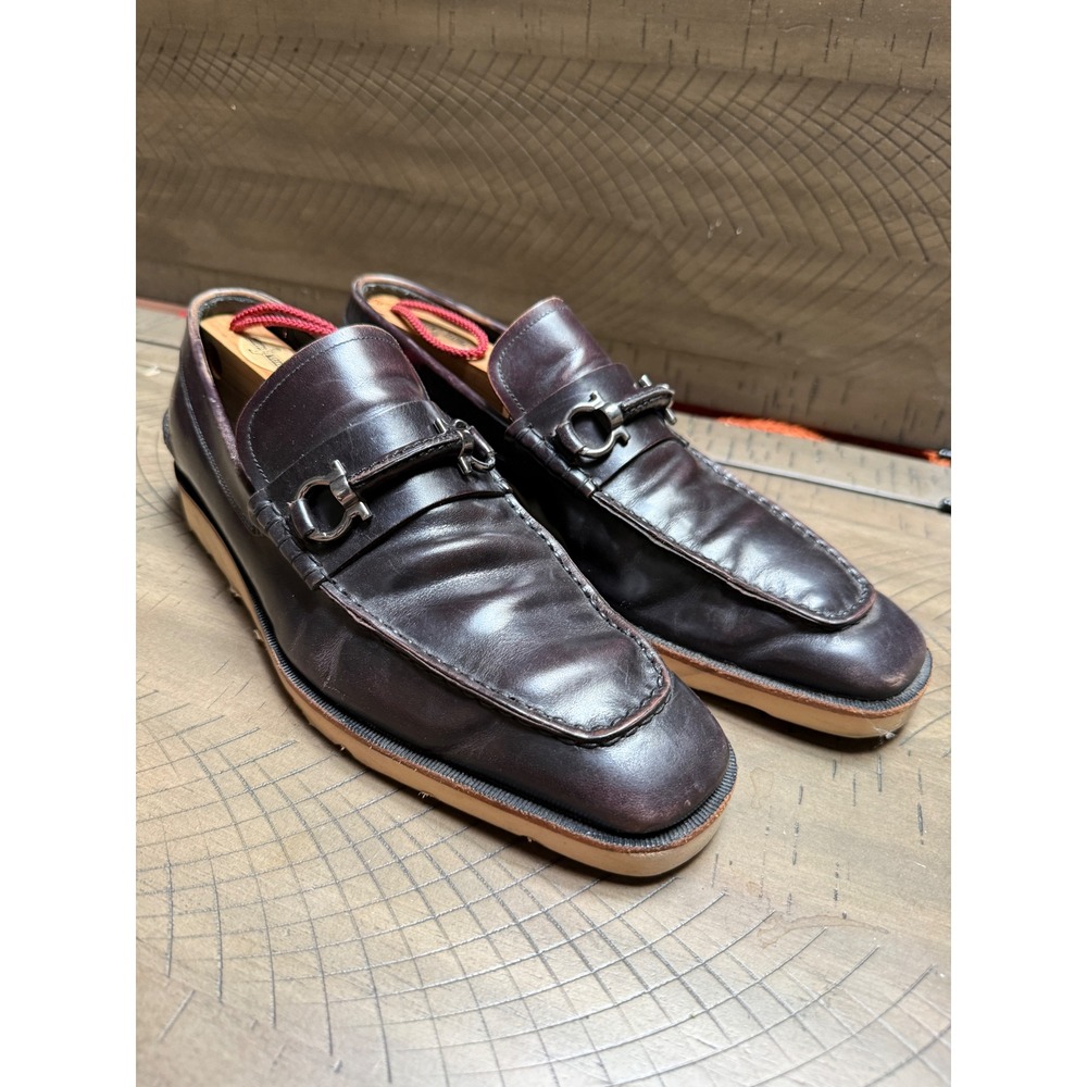 Salvatore Ferragamo Gancini Loafers Mens 8 Burgundy Leather Bit Dress Shoes